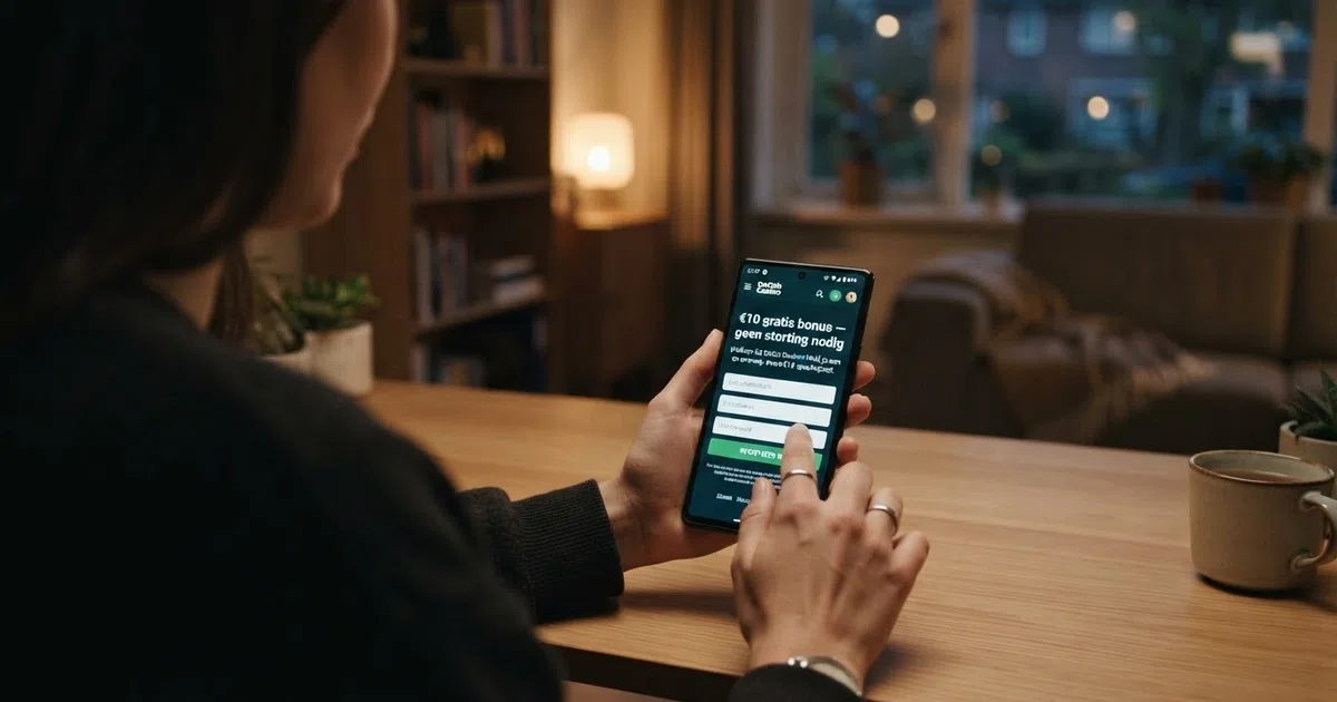 Een Nederlandse speler kijkt naar een registratieformulier van een online casino op zijn telefoon, met de tekst '€10 gratis bonus — geen storting nodig' op het scherm.