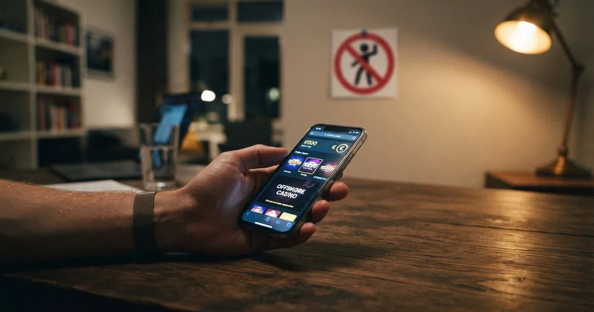 Een Nederlandse speler kijkt naar een online casino op zijn telefoon, met een rood waarschuwingssymbool voor CRUKS op de achtergrond
