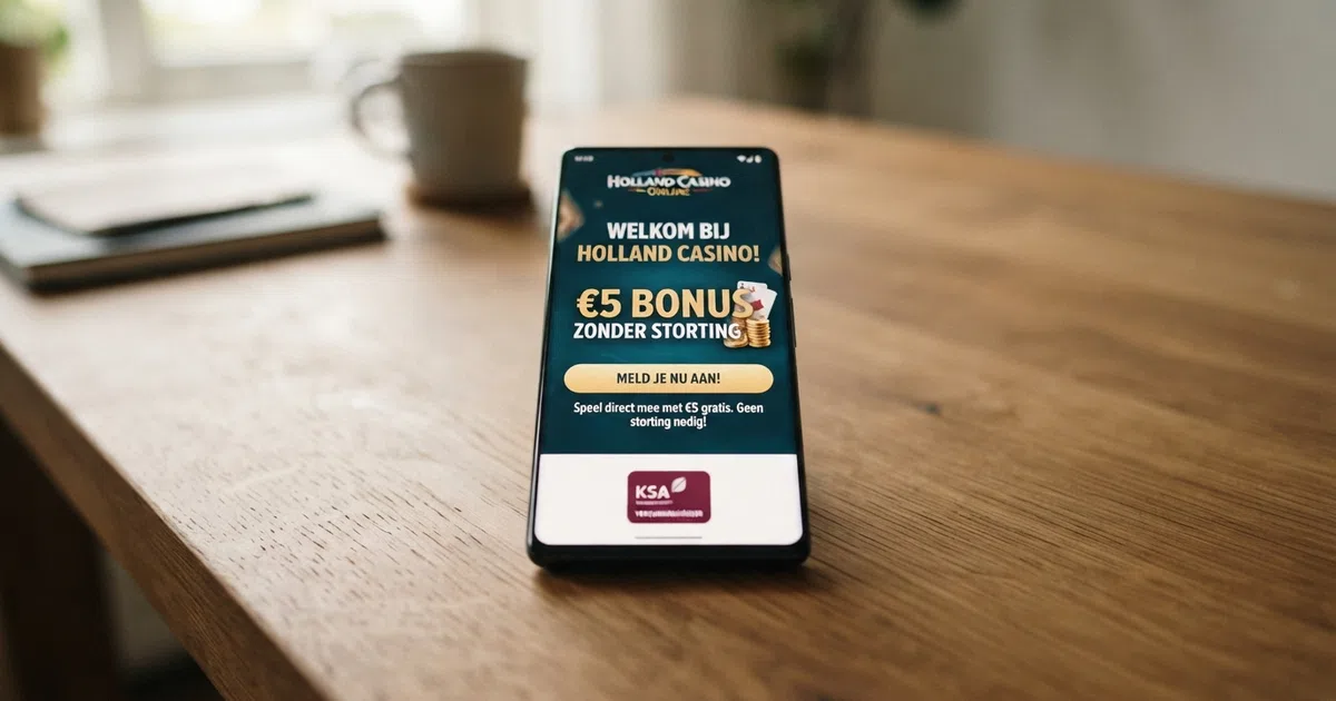 Een Nederlandse online casino-interface op een smartphonescherm met daarop een welkomstbonus-tekst zonder stortingsvereiste, met het KSA-keurmerk zichtbaar in de footer.