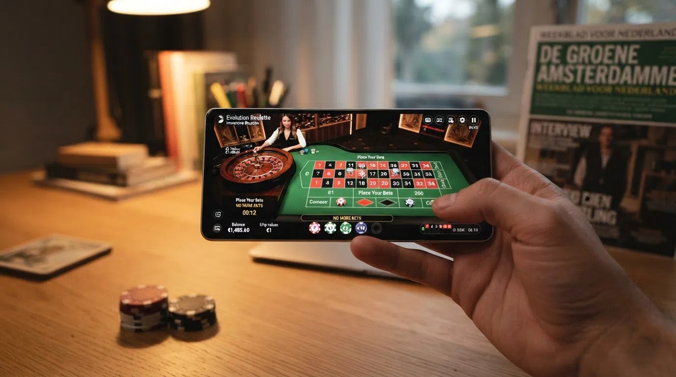 Een Android-telefoon in landschapsmodus met een live roulette-tafel van Evolution in beeld, de dealer zichtbaar en de inzetopties onderin het scherm