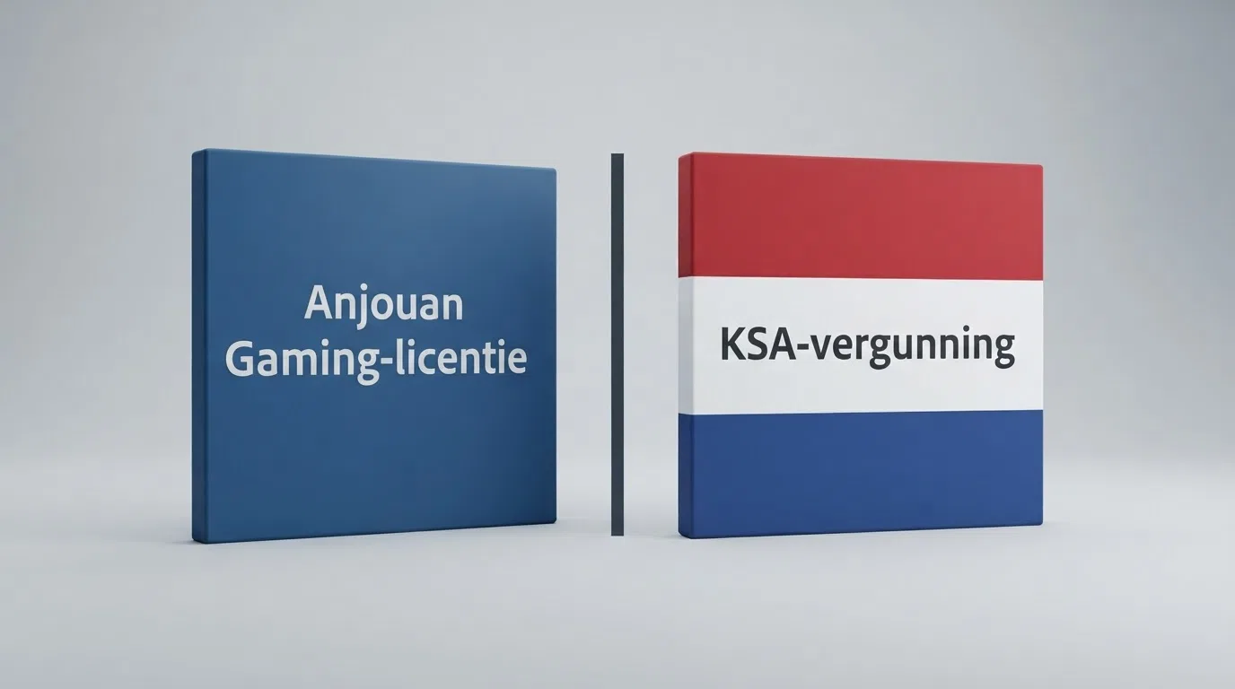 Een gesplitst beeld: links het logo van de Anjouan Gaming Authority, rechts het logo van de Kansspelautoriteit, met een duidelijk scheidingsteken ertussen