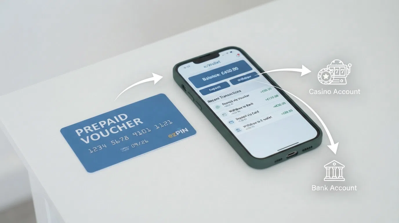 Twee AstroPay-producten naast elkaar: een fysieke prepaid-voucherkaart en een smartphone met de AstroPay e-wallet app, met pijlen die storten en uitbetalen aanduiden