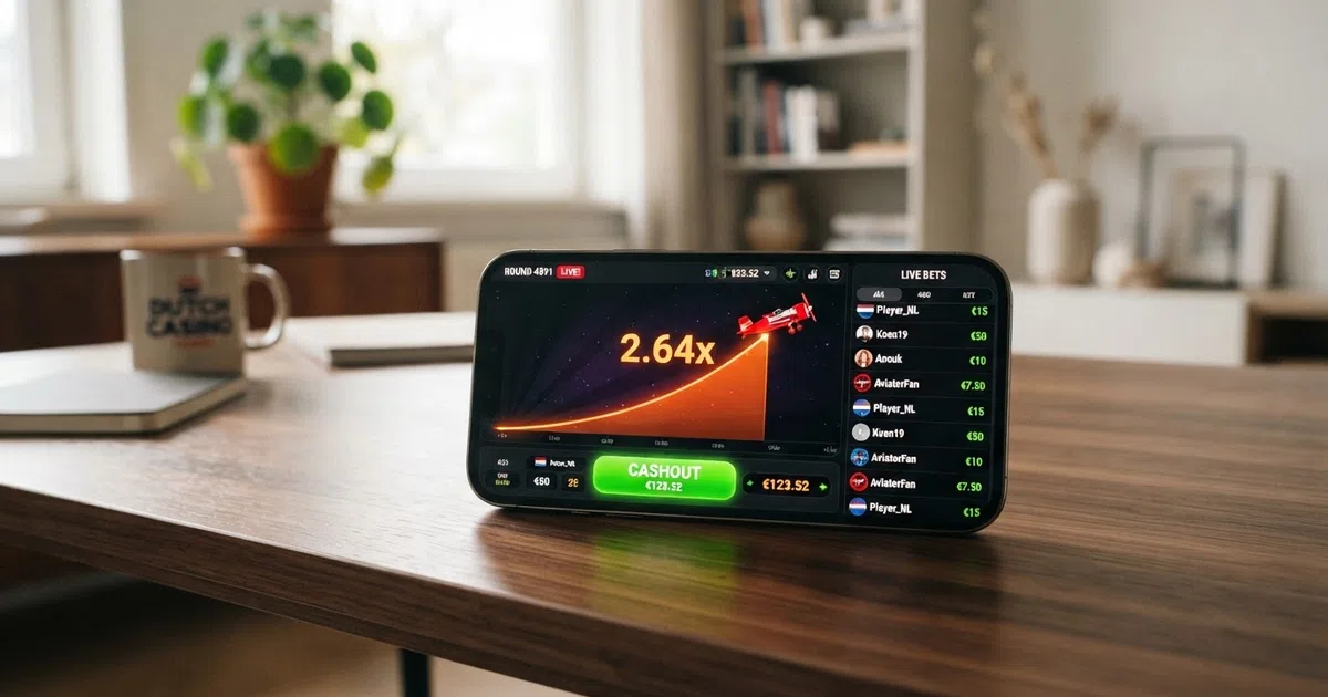 Het Aviator crash spel van Spribe op het scherm van een Nederlandse online casino — de stijgende multipliercurve met de cashout-knop en live inzetten van andere spelers