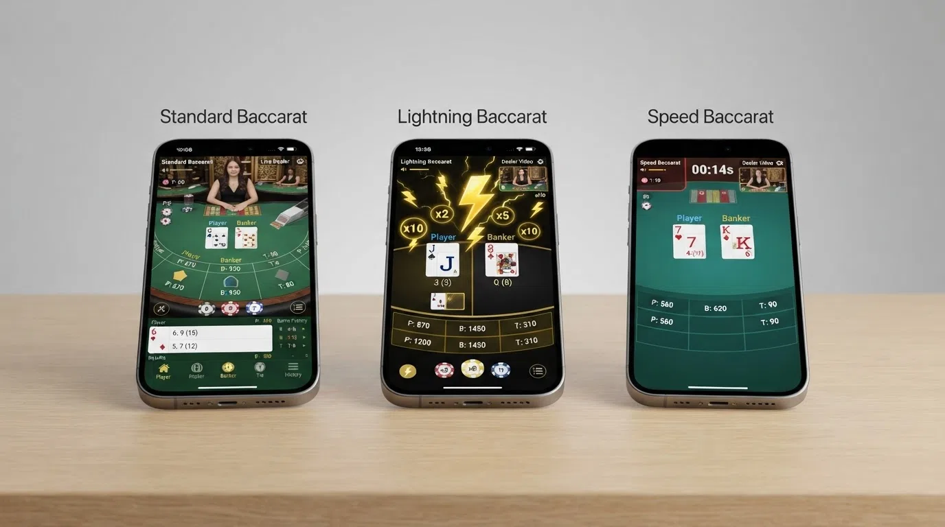 Drie interfaces van live baccarat naast elkaar: standaard baccarat met heldere inzetvelden, Lightning Baccarat met zichtbare multiplier-effecten op kaarten, en Speed Baccarat met een rondetimer in beeld.