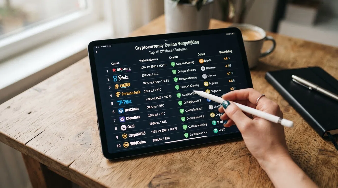 Een overzichtelijk dashboard toont de tien vergeleken casino's met hun Curaçaose vergunning, welkomstbonus en BCH-acceptatie in een visueel raster