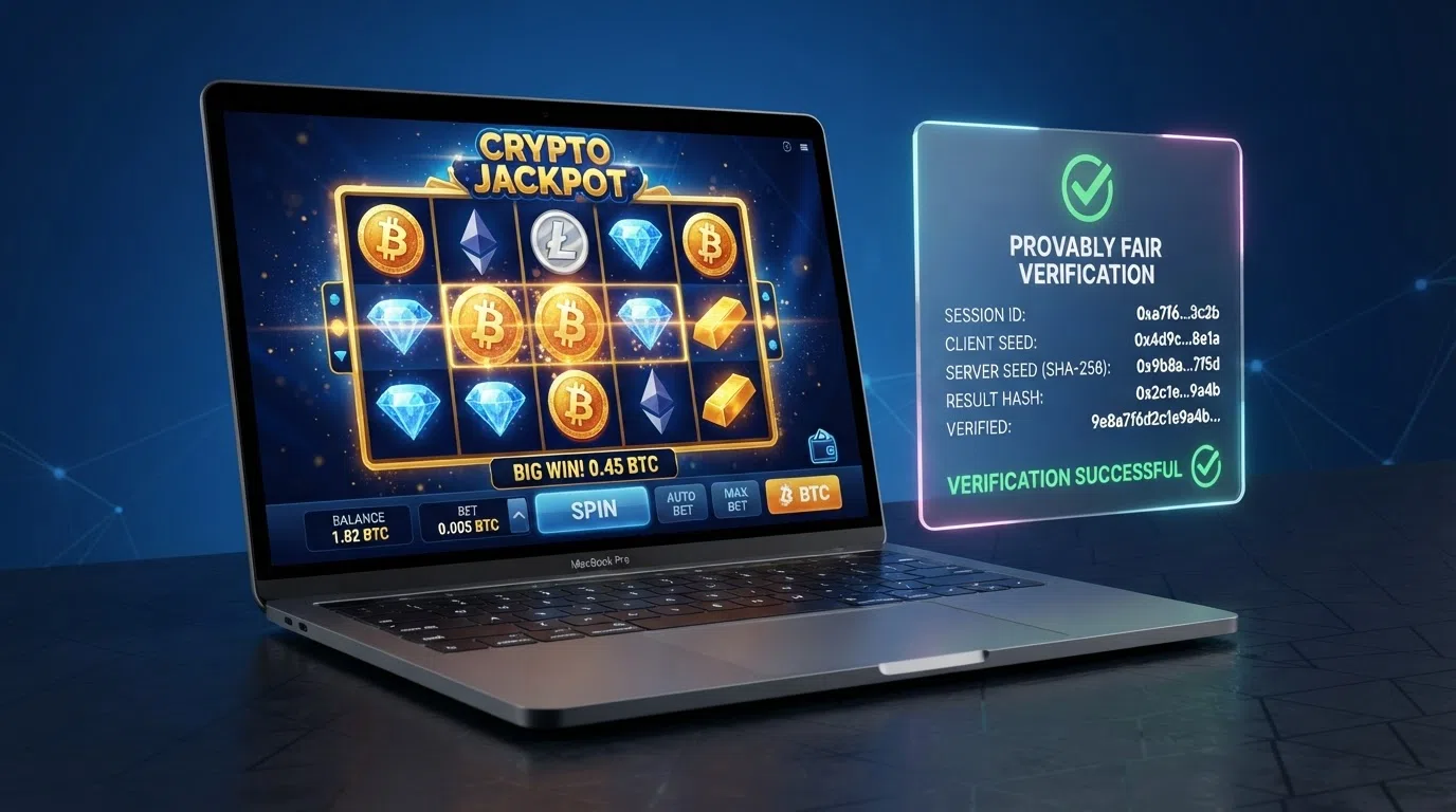 Een laptop toont een kleurrijke online slot die een BCH-inzet accepteert, met een hash-verificatiescherm ernaast dat provably fair-technologie visualiseert