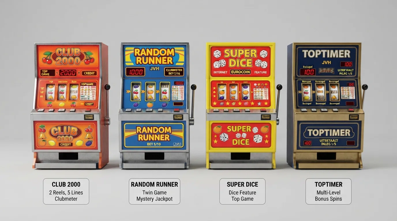 Vier klassieke gokkasten naast elkaar: Random Runner, Simply Wild, Mega Joker en Club 2000, elk met hun kenmerkende rollenopstelling en symboolsets