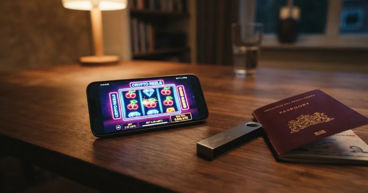 Een close-up van een smartphone met een bitcoin casino-spel op het scherm, met naast de telefoon een hardware crypto-wallet en een Nederlands paspoort