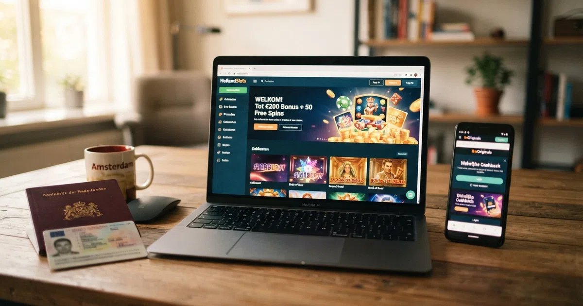 Een laptop en een smartphone met daarop de startpagina's van verschillende buitenlandse online casino's, met een Nederlands paspoort ernaast ter illustratie van de grensoverschrijdende context