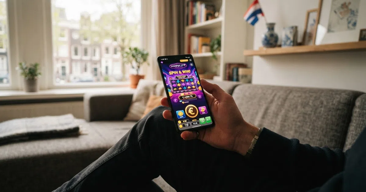 Een Nederlandse speler kijkt op een smartphone naar een buitenlands online casino, met de Nederlandse vlag subtiel in beeld
