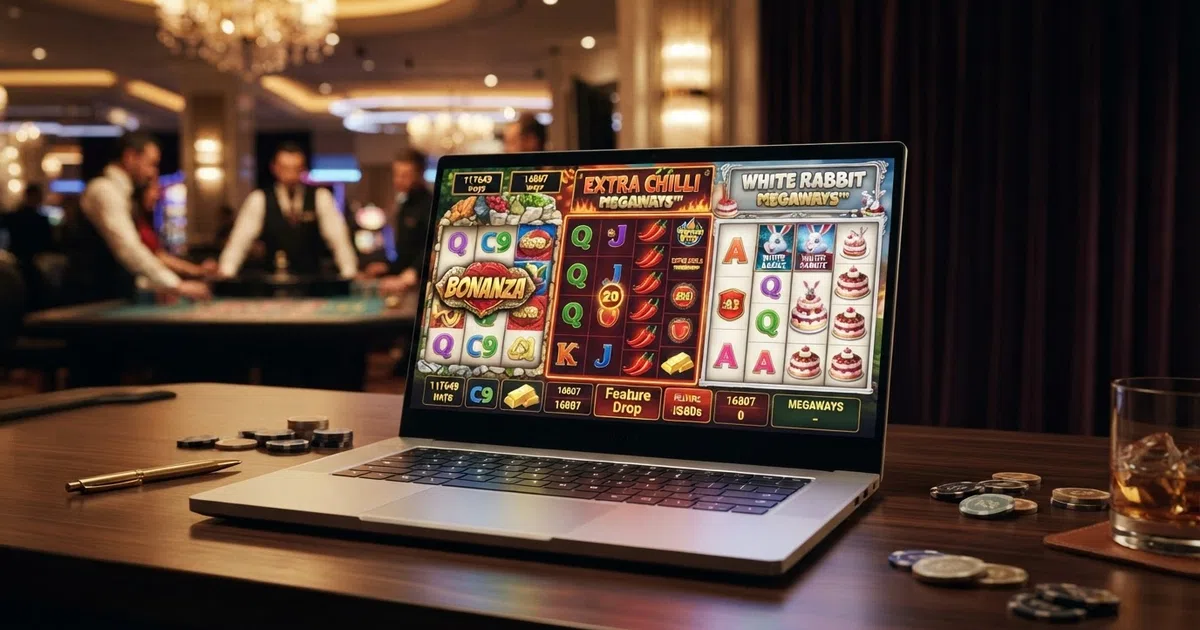 Een collage van Big Time Gaming-slotlogo's — Bonanza, Extra Chilli en White Rabbit — op een donker casino-achtergrond met het Megaways-logo