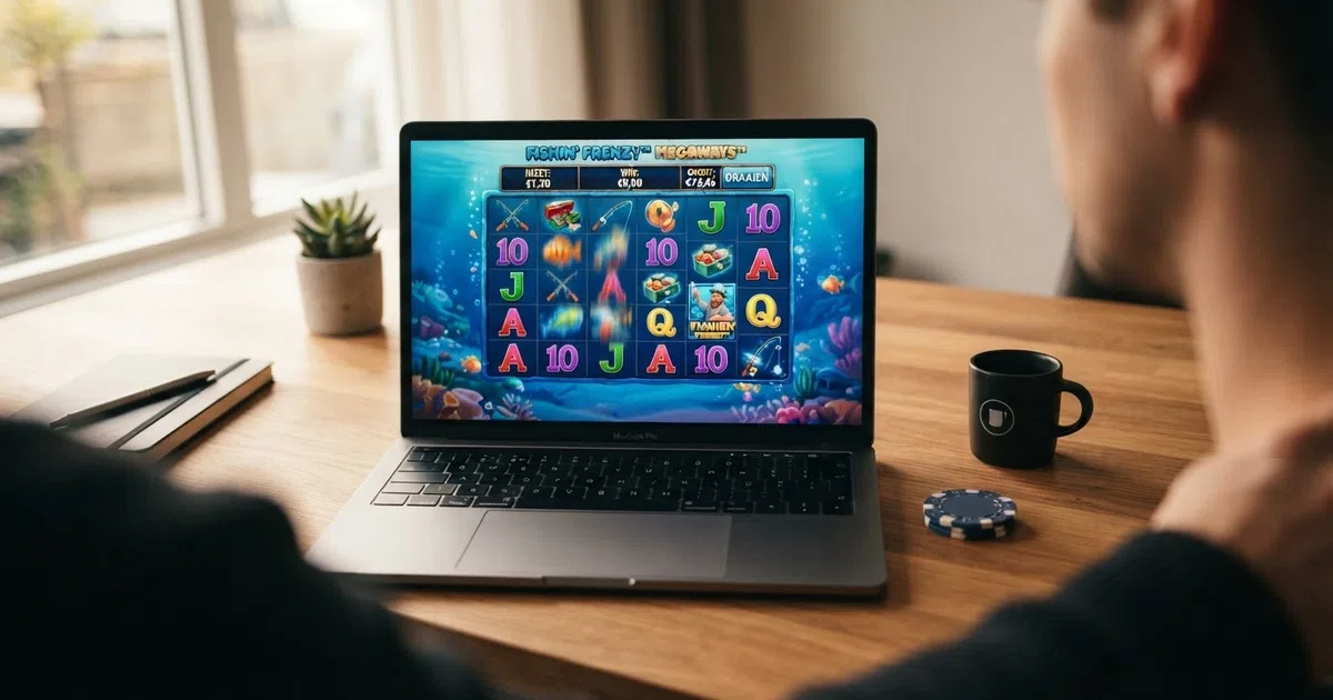Een collage van Blueprint Gaming-gokkasten op een laptopscreen, met Fishin' Frenzy en The Goonies prominent in beeld