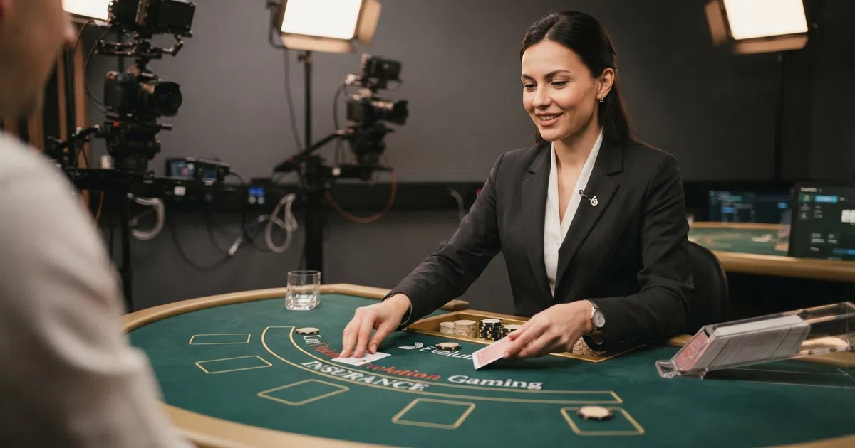 Een live dealer aan een Evolution Gaming-speeltafel in een professionele casino-studio, met HD-camera's en verlichting zichtbaar op de achtergrond
