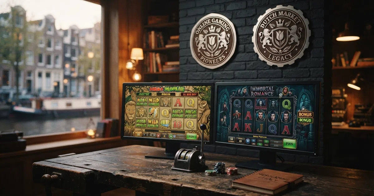 Het Games Global-logo en het klassieke Microgaming-logo naast elkaar op een donkere achtergrond, met daaronder de iconen van bekende slots zoals Mega Moolah en Immortal Romance