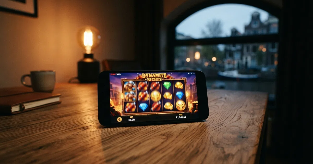 Red Tiger Gaming-logo op een donkere achtergrond met felle rode en gouden accenten, naast de logo's van Evolution en NetEnt als moedermaatschappijen