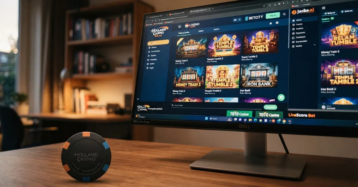 Een rij Nederlandse online casino lobby's met Relax Gaming gokkasten in beeld op een desktopscherm, met het KSA-keurmerk zichtbaar