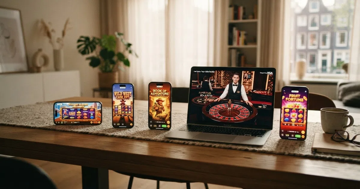 Rij van Nederlandse online casino's met Stakelogic spellen op het scherm, met een KSA-keurmerk zichtbaar