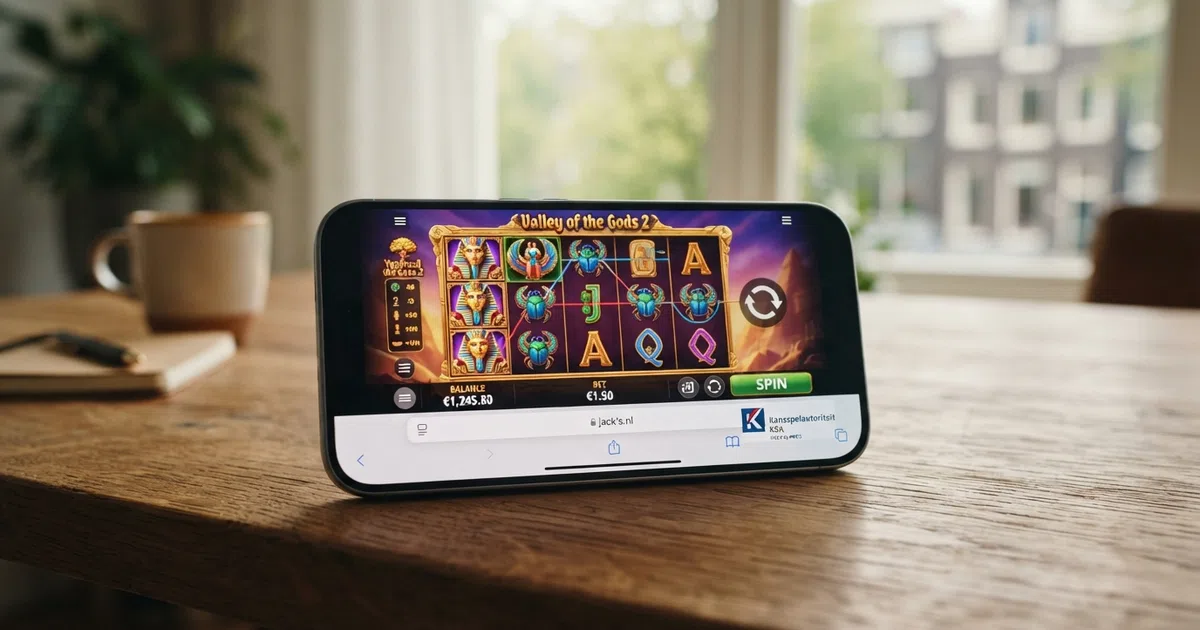 een screenshot van een Yggdrasil-slot op een Nederlandse casino-website met de KSA-vergunning zichtbaar in de footer