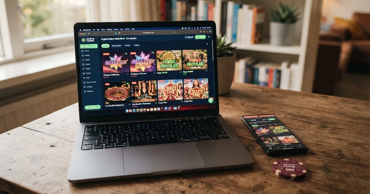 Een laptopscherm met daarop de interface van een crypto casino, met Bitcoin- en Ethereum-logo's naast slots en live-dealer thumbnails, een smartphone ernaast met dezelfde mobiele weergave