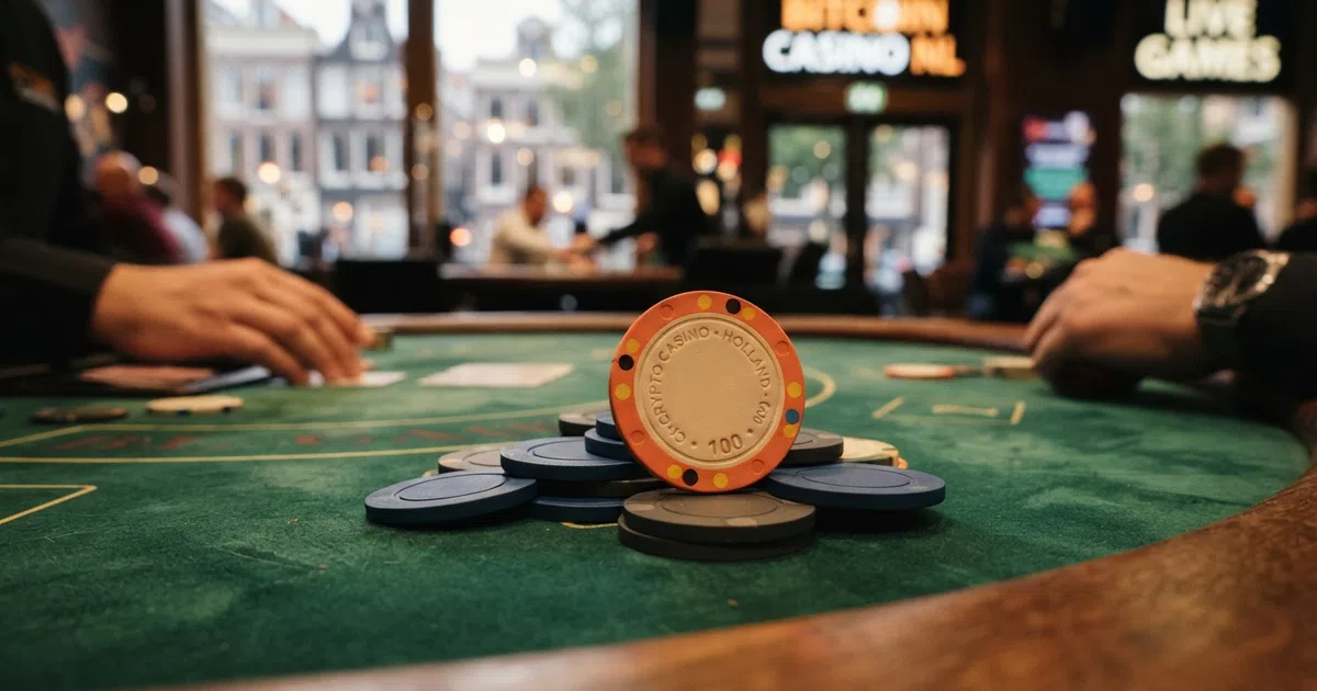 Een Dogecoin-munt met het Shiba Inu-logo naast casinofiches op een groen vilten speelveld