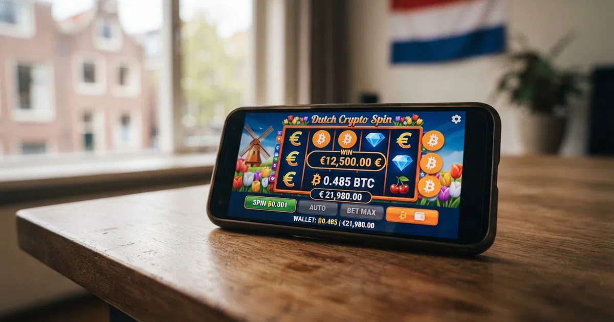 Een Nederlands online casino-scherm met het Ethereum-logo en een walletsymbool, tegen een donkere achtergrond met de Nederlandse vlag subtiel in de hoek