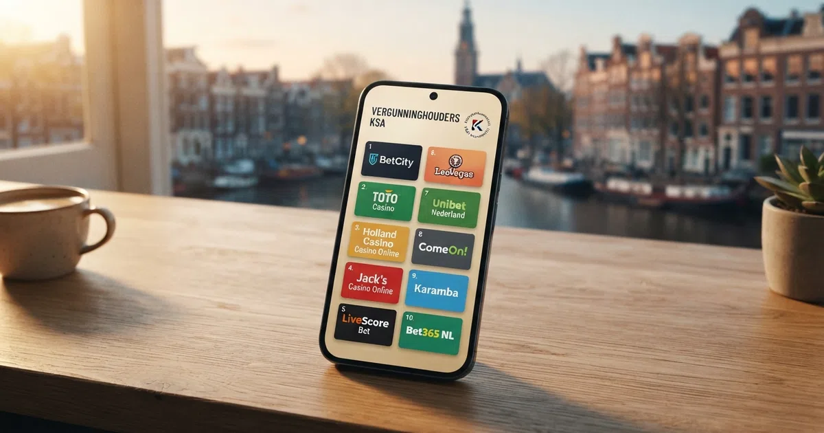 Een rij van tien Nederlandse online casino-logo's op een scherm, met het KSA-keurmerk zichtbaar bovenaan de pagina