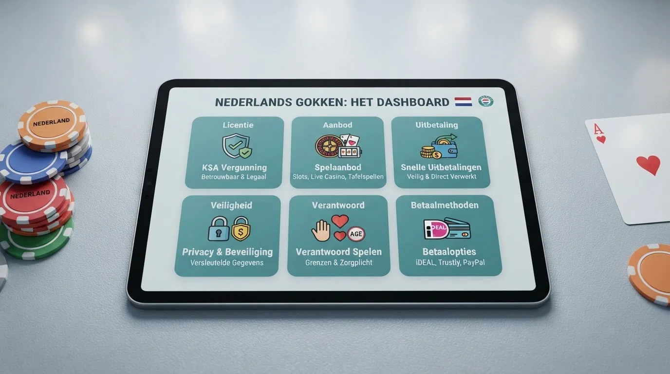 Een overzichtelijk dashboard-achtig scherm met Nederlandse casino-logo's — TOTO, Holland Casino, Kansino, Jacks — naast elkaar gerangschikt.