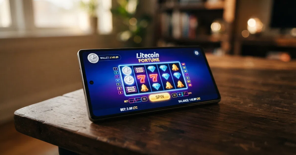 Een smartphone met een Litecoin-casino-interface op het scherm, met het Litecoin-logo en een cryptowallet zichtbaar op de achtergrond