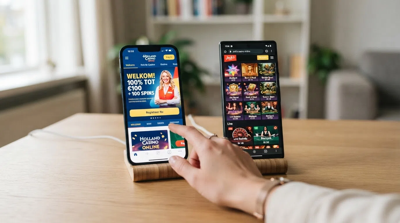 Twee smartphones naast elkaar, elk met een ander Nederlands mobiel casino in beeld — het linker scherm toont een welkomstbonus, het rechter een spelaanbod