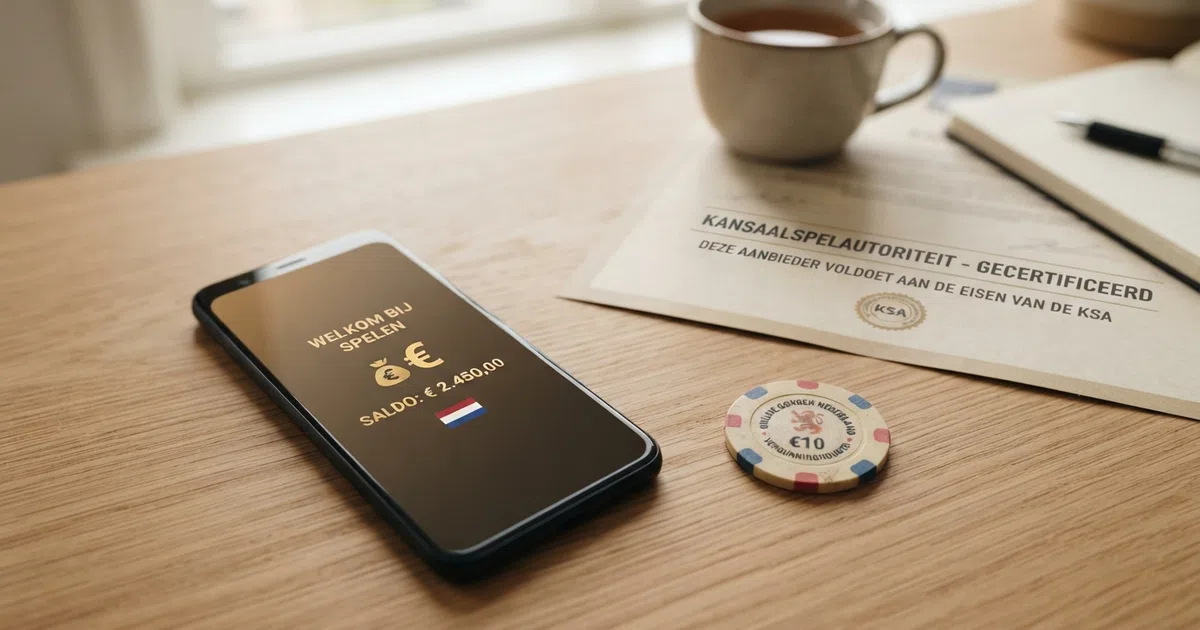 Een overzichtelijk dashboard met logo's van Nederlandse KSA-vergunde goksites, een smartphone met een goksite in beeld en een KSA-keurmerk