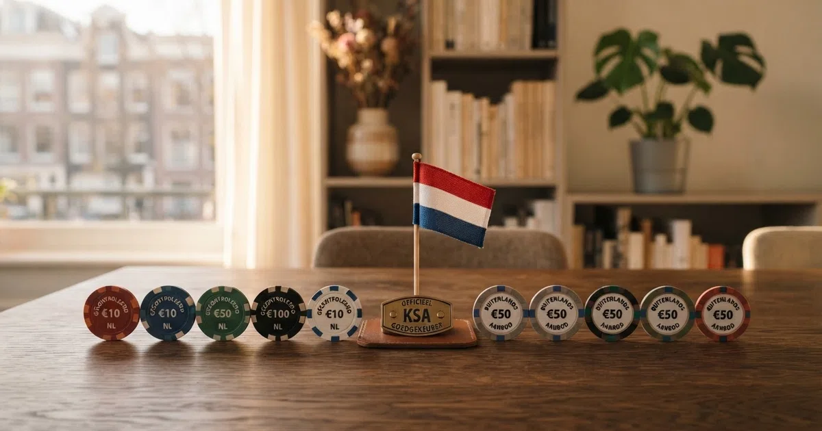 Tien casinologo's op een rij met een Nederlandse vlag en een vergunningsstempel als visuele scheidslijn tussen KSA-vergund en buitenlands aanbod