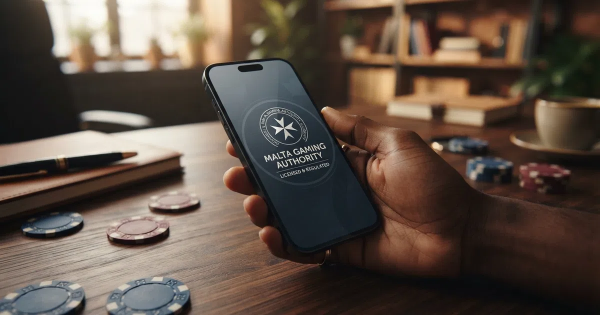 Een close-up van het Malta Gaming Authority-logo op een scherm met daarachter een collage van online casino-interfaces