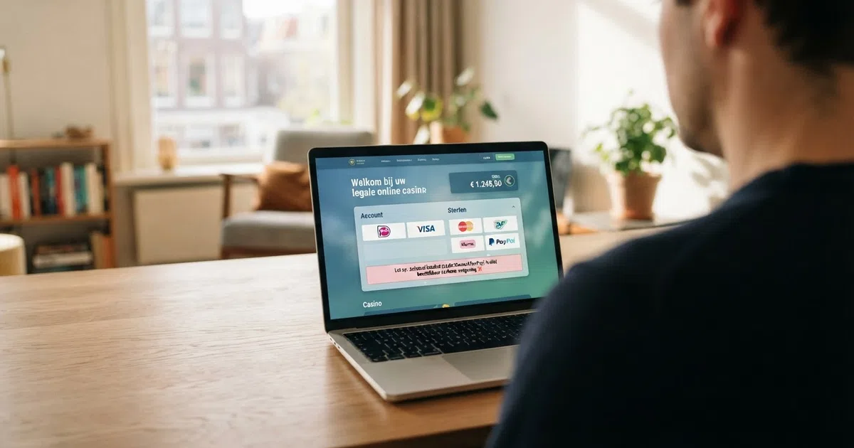 Een Nederlands online casino-interface op een laptopscherm, met betaalmethoden waaronder iDEAL zichtbaar maar Afterpay doorgestreept of afwezig — de zoekbalk toont de vraag 'Afterpay casino Nederland'