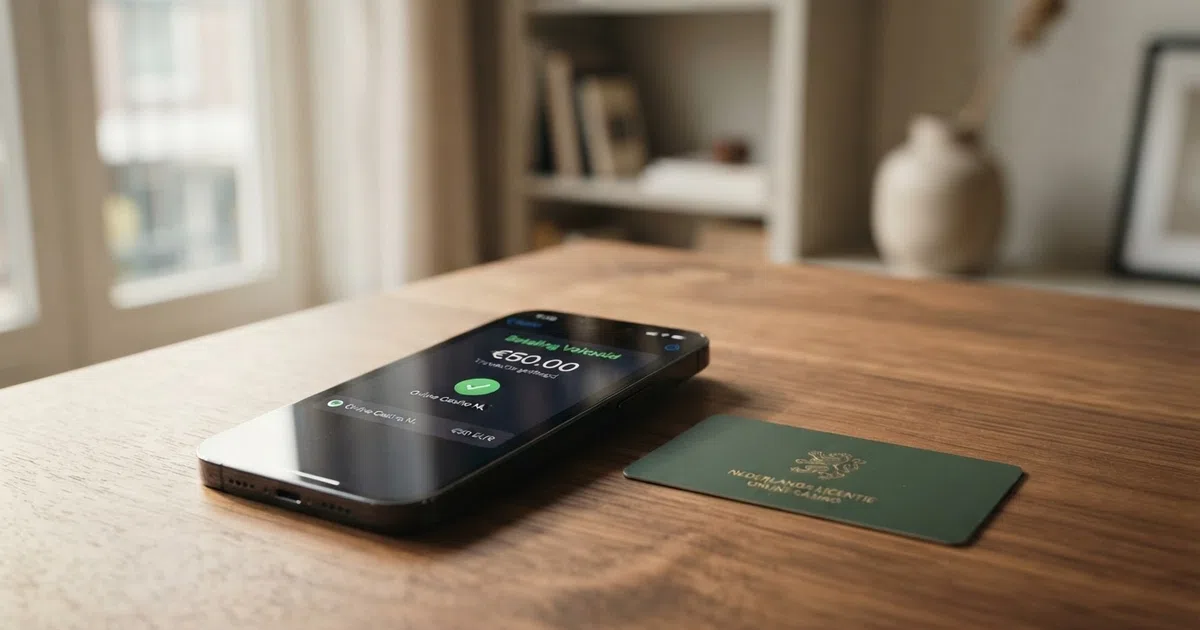 Een iPhone met het Apple Pay-betaalscherm geopend naast het logo van een Nederlands online casino