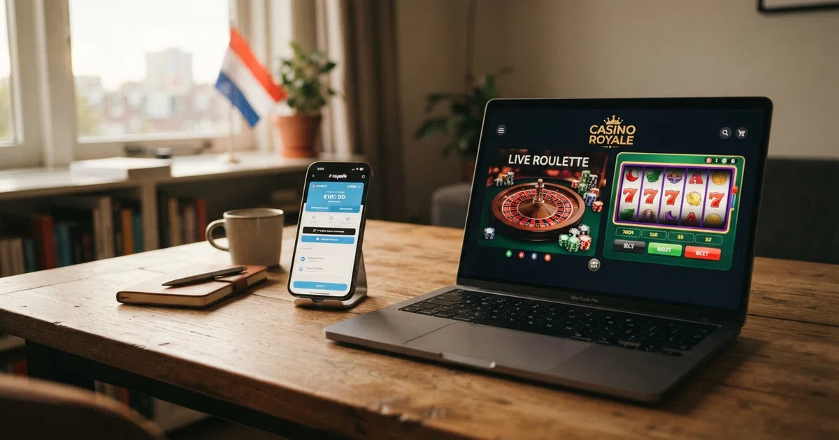 AstroPay logo op een smartphonescherm naast een open laptop met een online casino-interface, met een Nederlandse vlag in het beeld als geo-context
