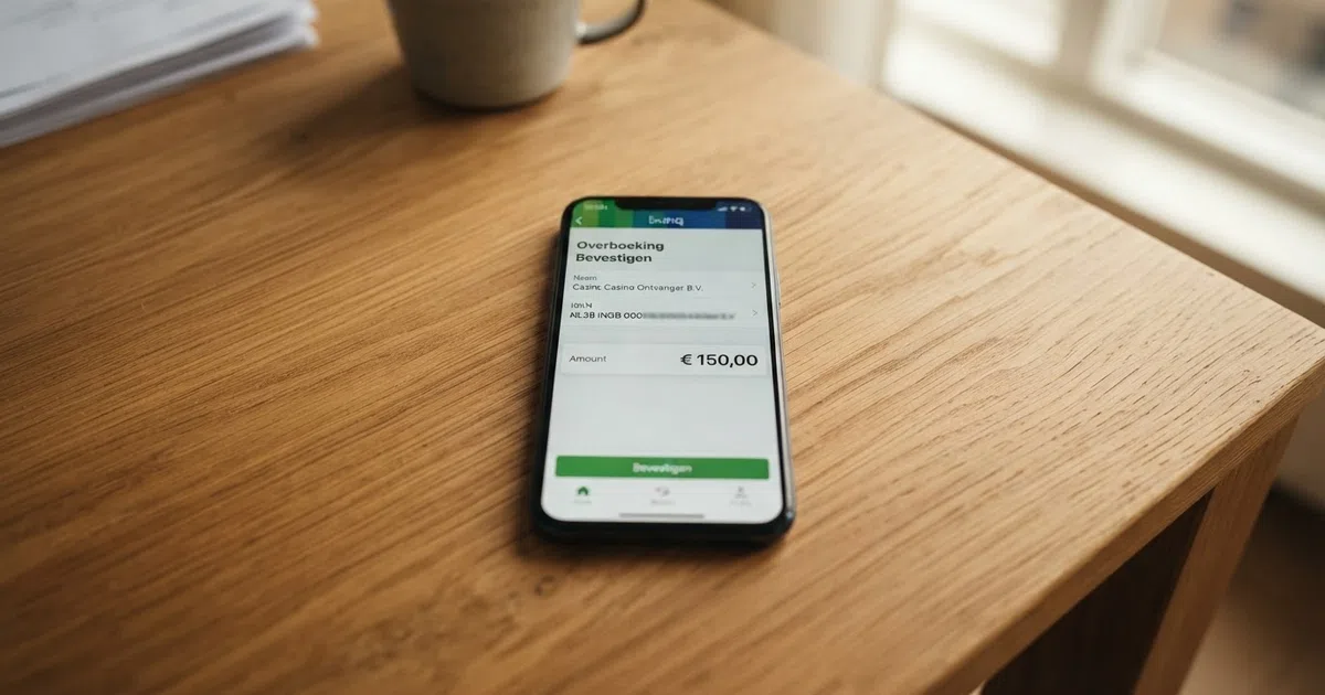 Een Nederlandse bankieren-app op een smartphone toont een SEPA-overmaking naar een online casino, met het IBAN-veld en het overboekingsbedrag zichtbaar op het scherm.