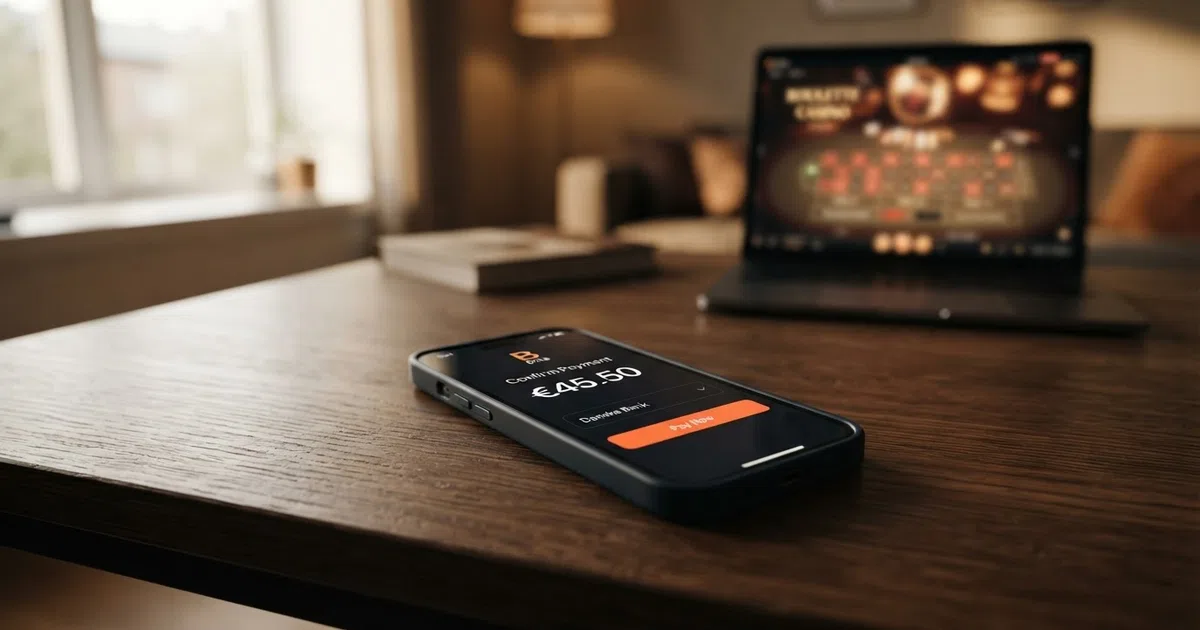 Smartphone met daarop een Brite-betaalscherm, op de achtergrond een online casino-interface met slots