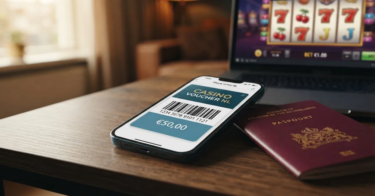 Een smartphone met een CashtoCode-barcode op het scherm, naast een Nederlands paspoort en een slotmachine op de achtergrond — twee werelden in één beeld