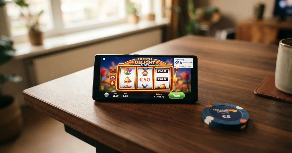 Een Nederlandse speler die op een laptop een creditcard naast een online casino-interface houdt, met het KSA-logo zichtbaar op het scherm