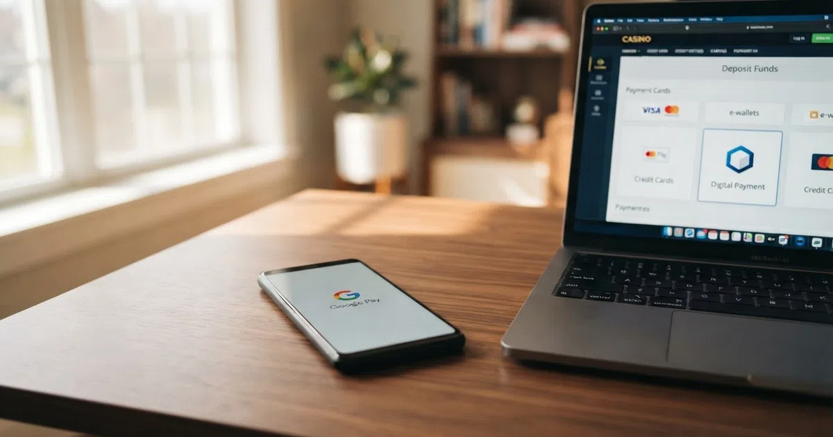 Een smartphone met het Google Pay-logo op het scherm, naast een casino-interface met een stortingspagina waar Google Pay als betaaloptie tussen iDEAL en creditcard staat.