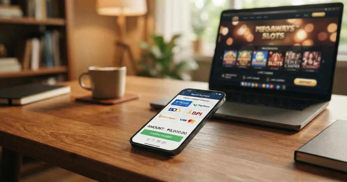 Logo en interface van de HiPay-betaalomgeving op het scherm van een smartphone, met een Nederlands online casino op de achtergrond