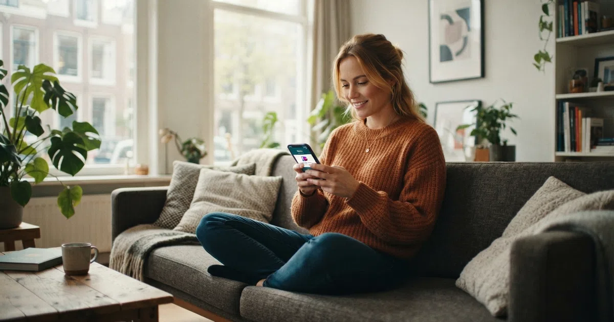 Een Nederlandse speler die met een smartphone een iDEAL-betaling doet bij een online casino, met het bekende blauwe iDEAL-logo zichtbaar op het scherm