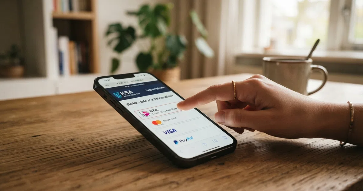Een smartphone met daarop de betaalpagina van een online casino, met het Mastercard-logo zichtbaar tussen de betaalopties