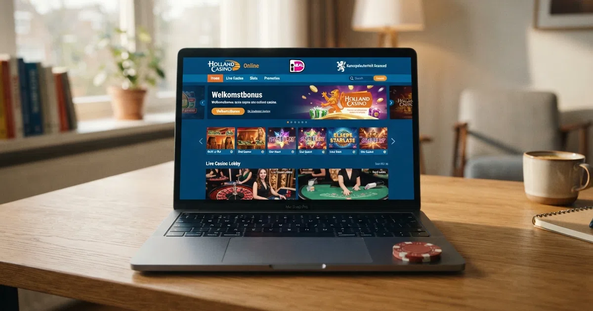 Overzicht van de beste online casino's van Nederland met KSA-vergunning — iDEAL-logo, slot-interface en een casino-lobby op een laptopscherm.