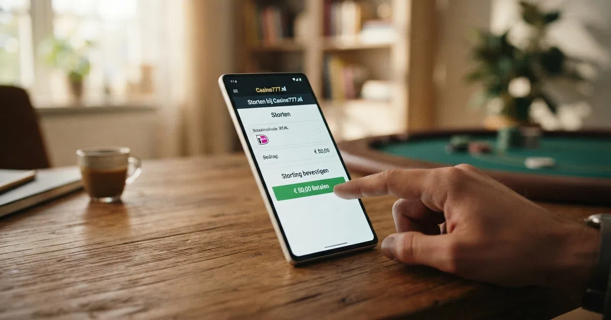 De MuchBetter e-wallet app op een smartphone met het stortingsscherm van een online casino op de achtergrond