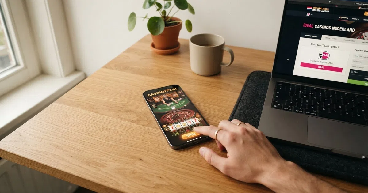 Een smartphone met het Neteller-logo naast een Nederlands online casino-scherm waarop iDEAL als betaaloptie is geselecteerd en Neteller ontbreekt