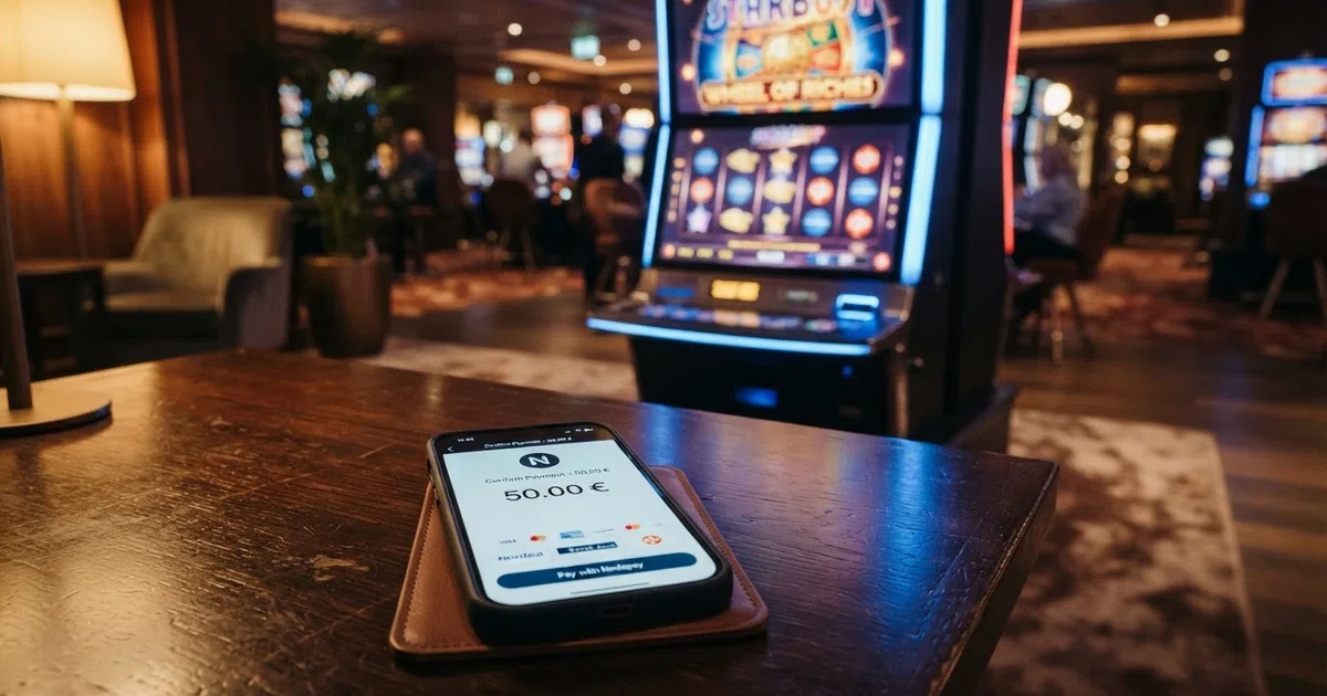 Een smartphone toont een Nodapay-betaalscherm tijdens een storting bij een online casino, met op de achtergrond een speelautomaat
