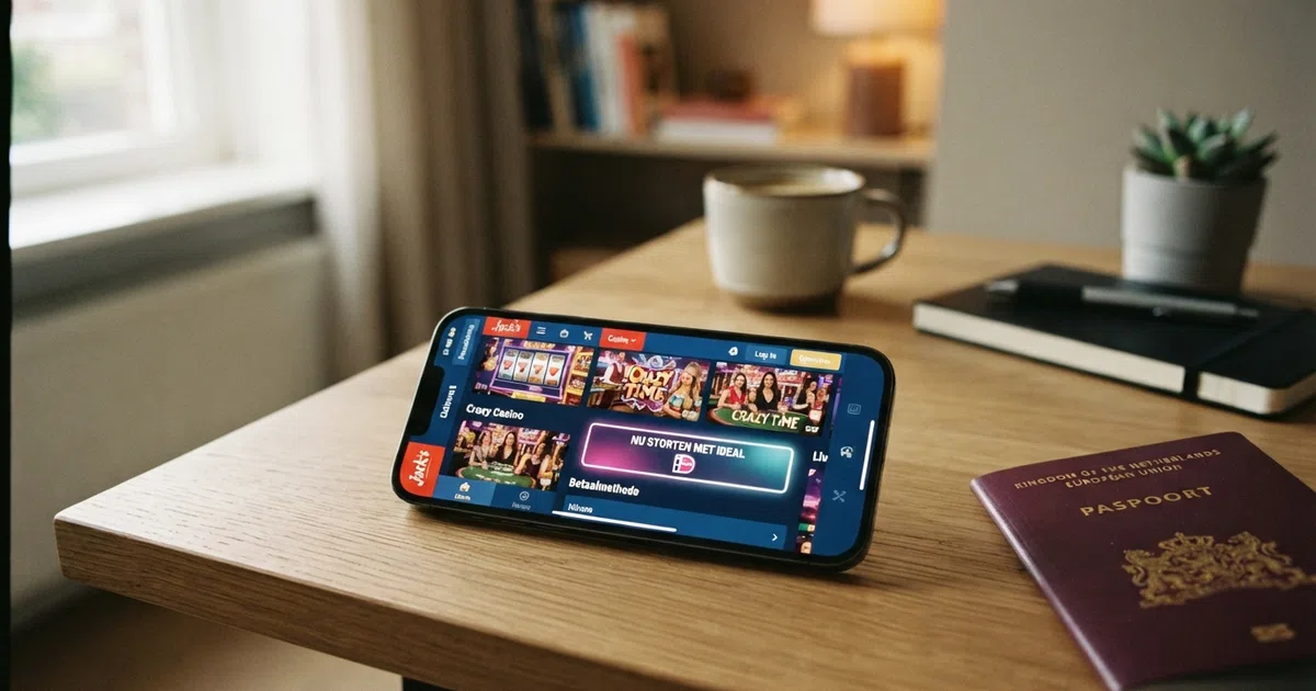 Een smartphone toont een online casino-startscherm met een Trustly-betaalknop, een Nederlands paspoort ligt ernaast.