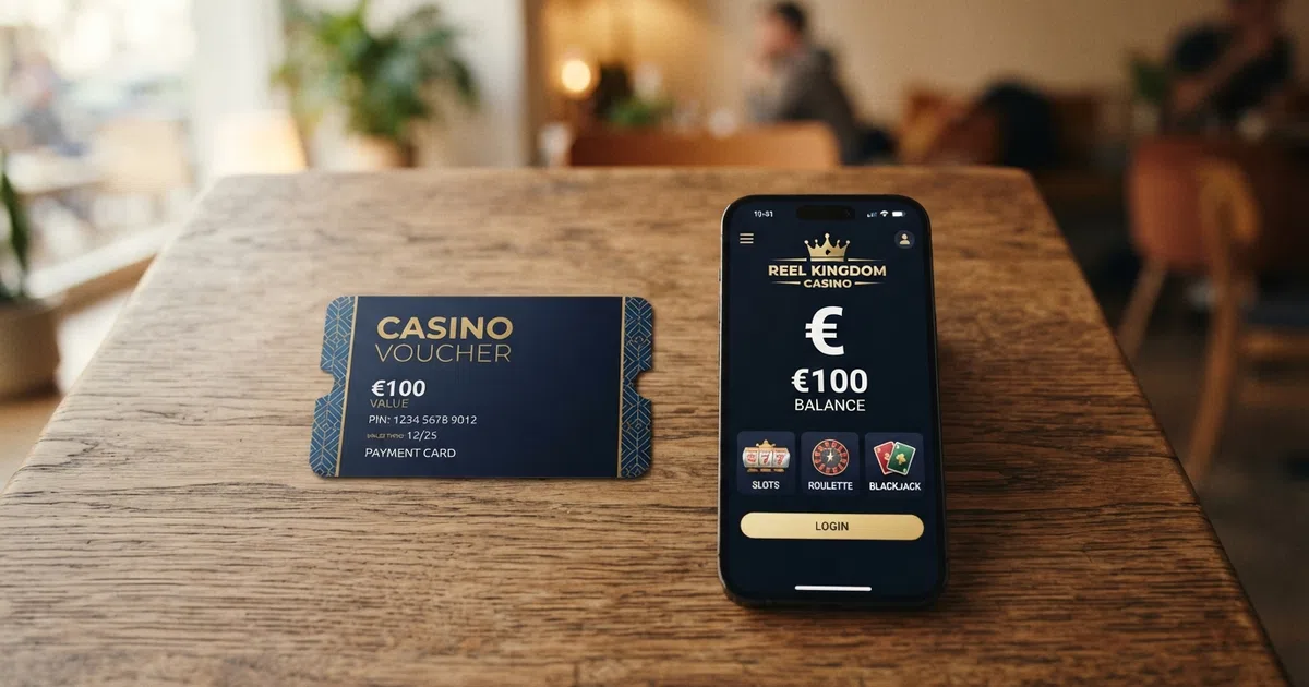 Een Paysafecard-voucher en een smartphone met een casino-startpagina op het scherm, naast elkaar op een tafel