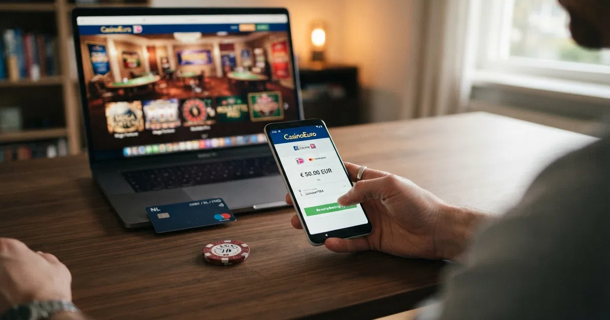 Een Nederlandse speler die met zijn Revolut-app een storting voorbereidt bij een online casino op zijn telefoon, met het casino-spelaanbod op de achtergrond.